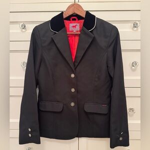 RED HORSE EQUESTRIAN BLAZER WITH VELVET COLLAR & SILVER BUTTONS, SIZE 38/10R